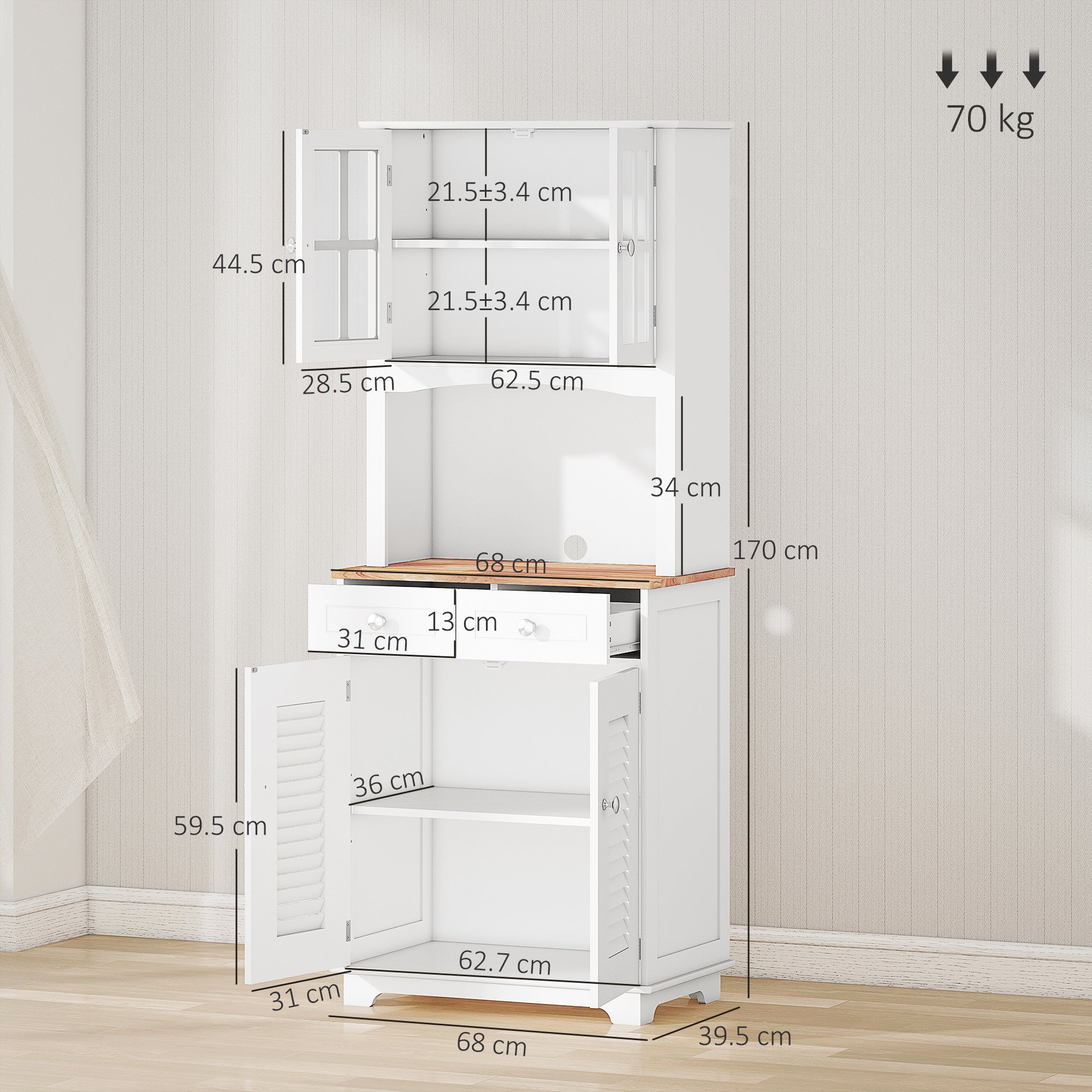HOMCOM Modern Kitchen Cupboard, Louvered Kitchen Storage Cabinet with Framed Glass Doors and 2 Drawers, White